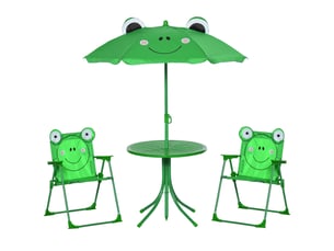 Ensemble salon de jardin enfant 4 pcs design grenouille - table ronde + 2 chaises pliables + parasol - métal époxy oxford vert