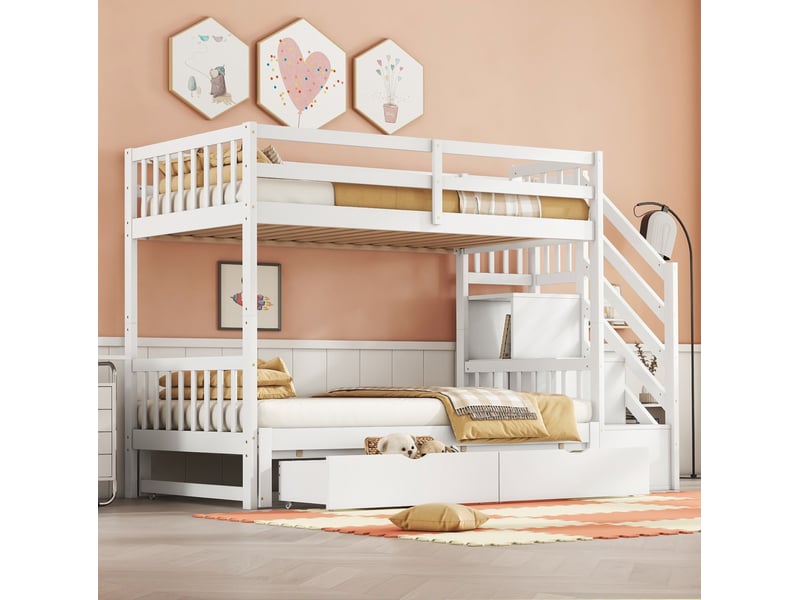  Modenvie lit superposé 90x200 cm - avec lit gigogne, 2 tiroirs et escalier de rangement, sans matelas - blanc  - Conforama E