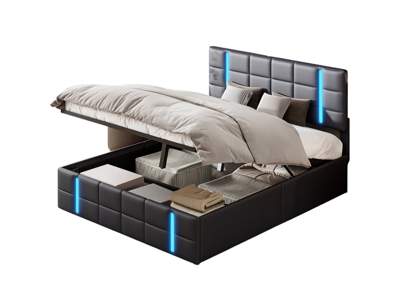  Lit coffre 140x200 cm avec led,lit double rembourré 140x200 cm, usb et type-c, sommier à lattes, noir, pu  - Conforama A