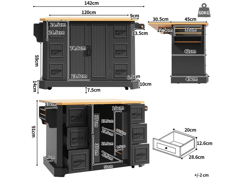  Îlot de cuisine avec 2 portes, 6 tiroirs et 5 roulettes - lpospi - avec freins et rangements - mdf et métal - noir  - Conforama D