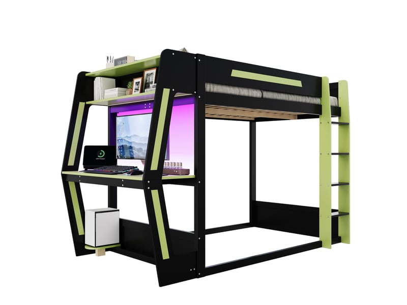 Lit mezzanine 120x200 cm, bureau gaming, rangements, led, bois de pin et mdf, noir et vert, sans matelas - Conforama A