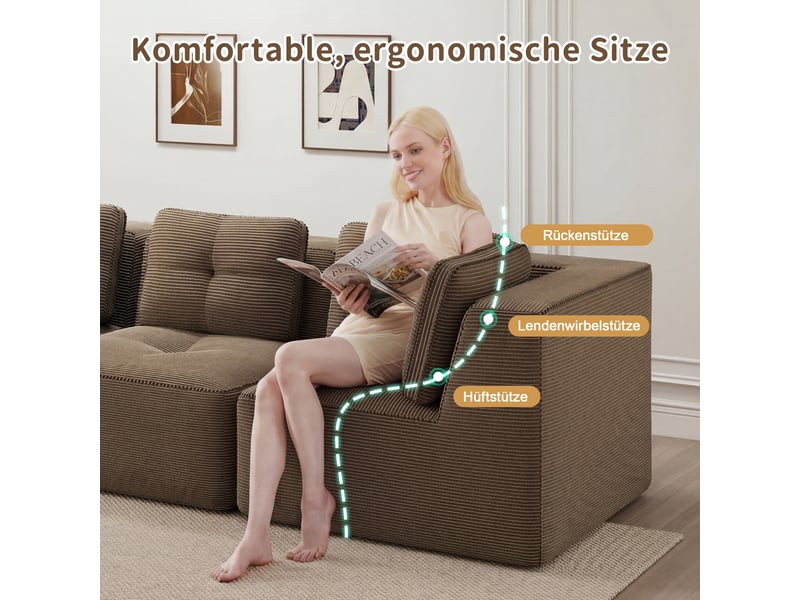 Grand canapé panoramique modulable velours côtelé marron – 295 x 295 x 69 cm Fay Lum - Conforama E