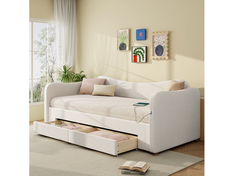  Modenvie lit gigogne 90x200 cm - extensible 180x200, 2 tiroirs de rangement - sommier inclus, sans matelas - beige  - Conforama B