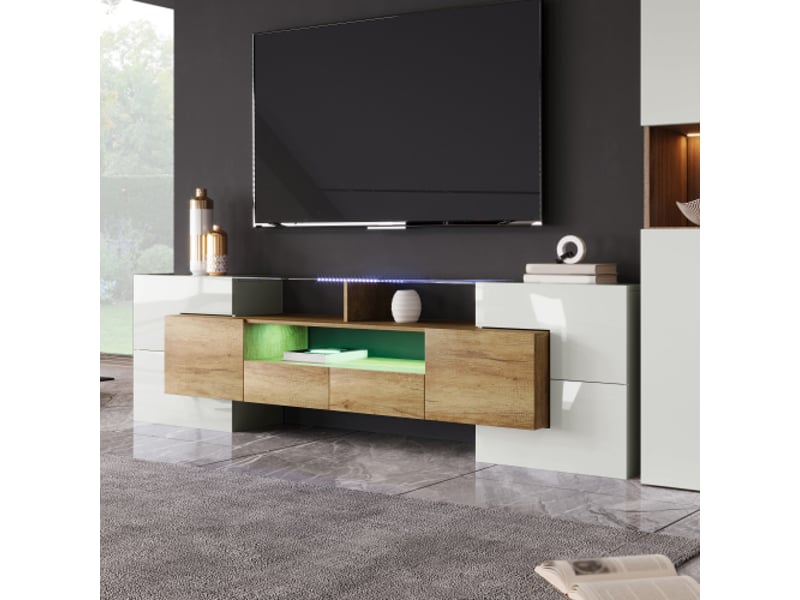  Meuble tv élégant, lowboard.blanc brillant, 200 cm, éclairage led, mobilier de salon. Design moderne. Surface en verre élégante.  - Conforama C