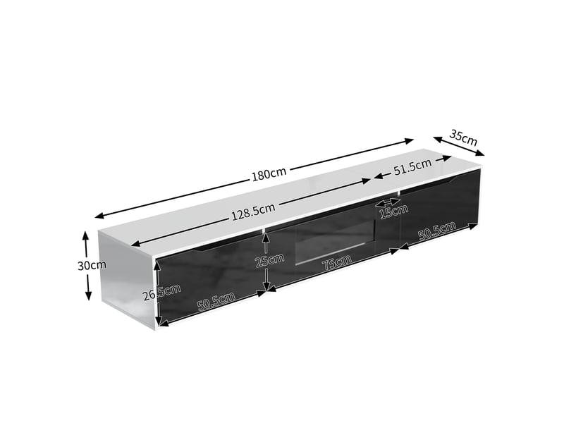  Meuble tv led - 3 compartiments - finition hautement brillante à l’avant - mdf - 180 x 30 x 35 cm - noir et blanc  - Conforama E
