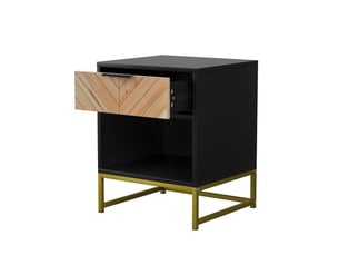 Table de chevet moderne 43x40x55 cm, 1 tiroir et 1 niche, meuble de chambre, pieds métal, entrée, mdf, noir et naturel
