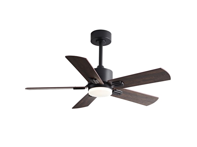  Ventilateur de plafond avec lumière 107x107x45 cm télécommande 6 vitesses réversible métal bois noir et noyer foncé  - Conforama A