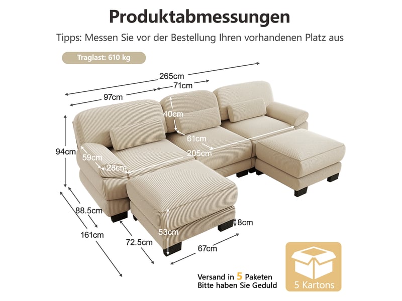  Canapé modulable en u 3 places 265x161x94 cm, coussin lombaire épais, assise profonde, avec 2 poufs, en velours côtelé, beige  - Conforama C
