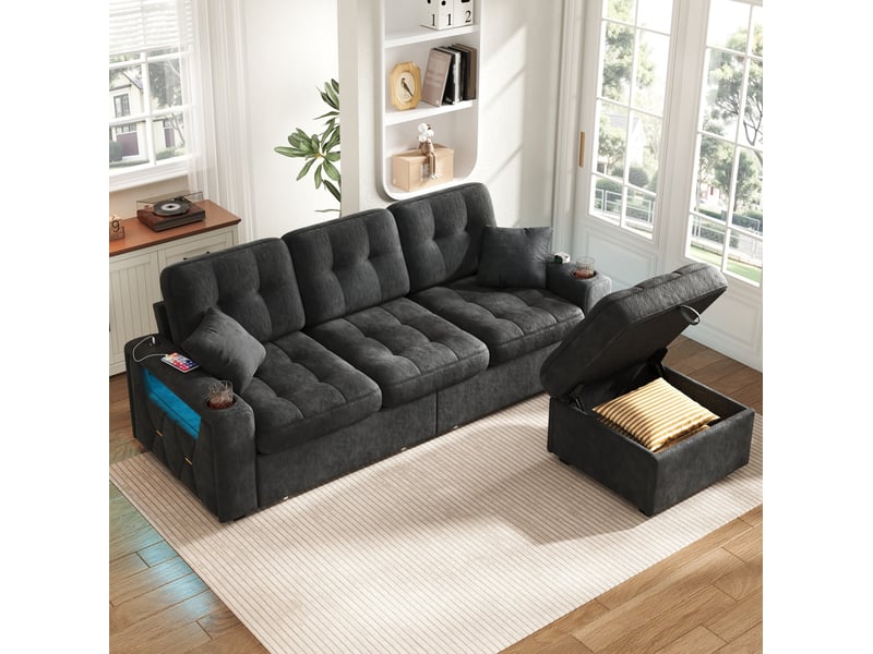  Canapé droit 3 places 194,5x133x83 cm avec 2 tiroirs, pouf de rangement, led, charge rapide, tissu chenille noir  - Conforama D