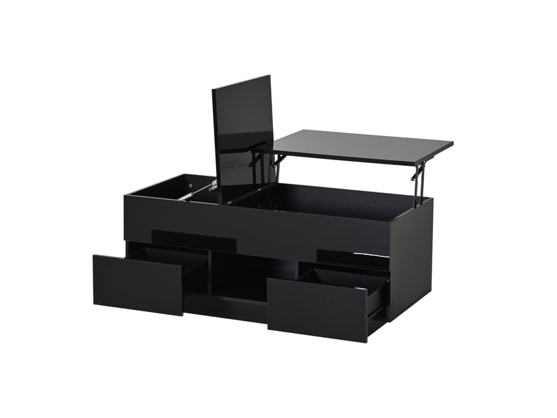  Table basse relevable 100 x 45 x 43 cm avec 2 tiroirs, table d'appoint laquée brillante avec éclairage led, table console, table basse, table de salon avec rangement dissimulé, noir, panneaux de particules  - Conforama E