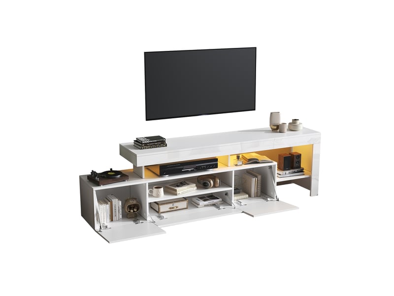  Meuble tv blanc haute brillance 192x37x53 cm avec led et 3 portes, rangement moderne pour tv jusqu'à 85 pouces  - Conforama D