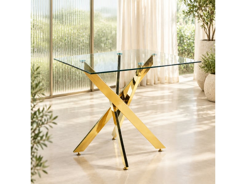  Table à manger carrée 80x80 cm en verre trempé, pieds croisés en métal doré  - Conforama B