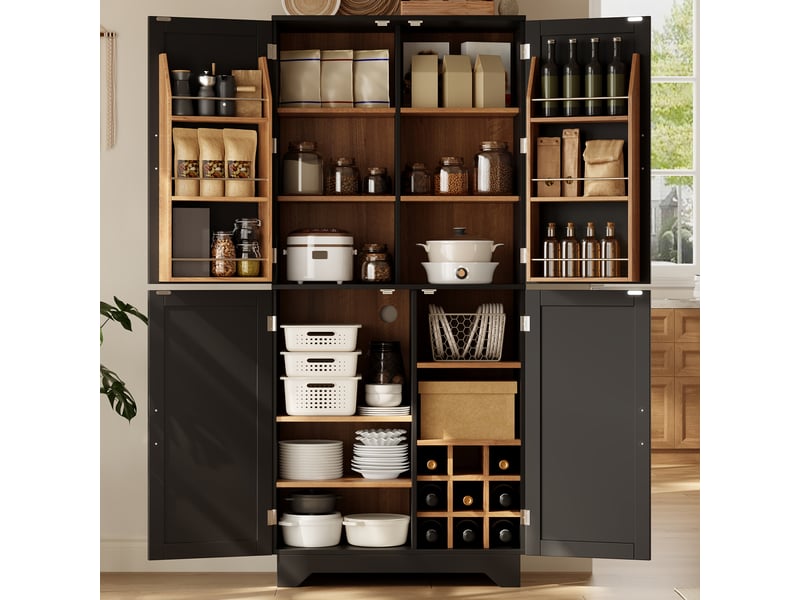 Armoire de cuisine haute - 80 x 40 x 180 cm - noir - meuble de rangement vaisselier avec 4 portes façon grange et casier à vin - Conforama D
