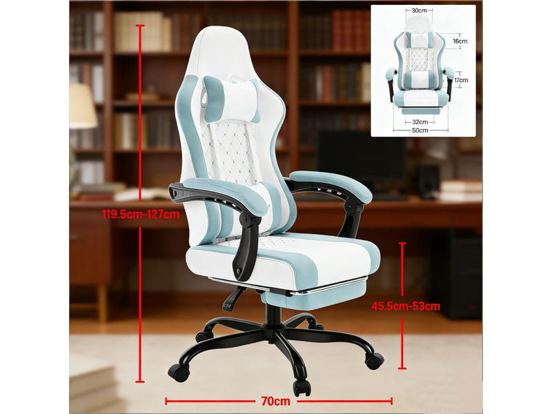 Chaise de bureau pivotante massage lombaire, dossier inclinable - lpospi - tissu maille bleu et blanc, 70 × 70 × 127 cm  - Conforama D