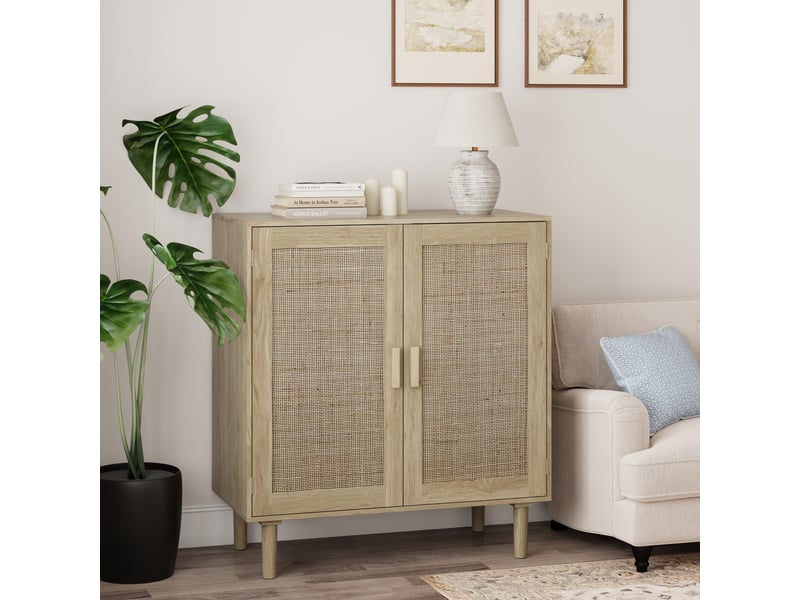 Meuble de rangement 2 portes magnétiques et 2 niches pour salon en mdf 80×40×88 cm naturel - Conforama B