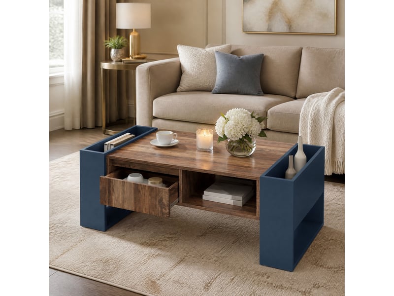  Table basse avec tiroir sans poignée, rangements arrière et latéraux pour salon en panneau mélaminé 111×60×40 cm  - Conforama C