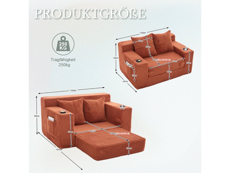  Canapé-lit deux places avec deux coussins et un porte-gobelet - orange  - Conforama C