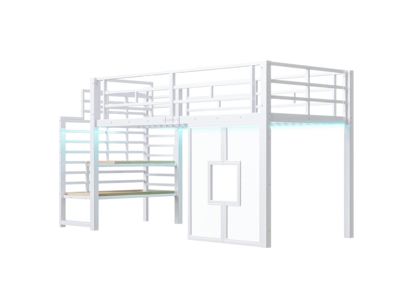  Lit mezzanine 90x200 cm blanc, avec escalier de rangement 2 compartiments, fenêtres, led, structure métal, sommier inclus, sans matelas  - Conforama E