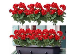 Lot de 7 bouquets de géraniums artificiels rouges réalistes, fleurs décoratives pour balcon, terrasse, rebord de fenêtre, jardin, mariage et décoration printemps intérieur extérieur