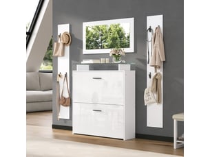 Vestiaire 4 pièces avec miroir – 2 étagères à chapeaux, meuble chaussures blanc laqué, porte-manteaux, 8 crochets