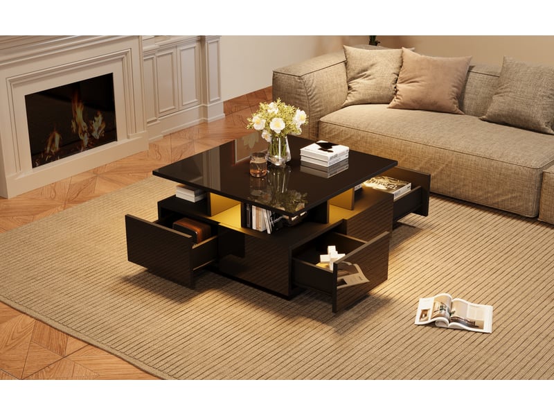  Table basse cube 70x70x40 cm led commande appli 4 tiroirs 3 niveaux finition laquée panneau de particules noir  - Conforama B