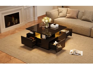 Table basse cube 70x70x40 cm led commande appli 4 tiroirs 3 niveaux finition laquée panneau de particules noir