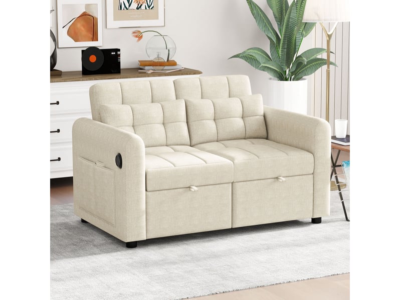  Canapé-lit 3-en-1 142x85x83 cm avec dossier réglable, ports usb, poches, tissu coton-lin beige  - Conforama B
