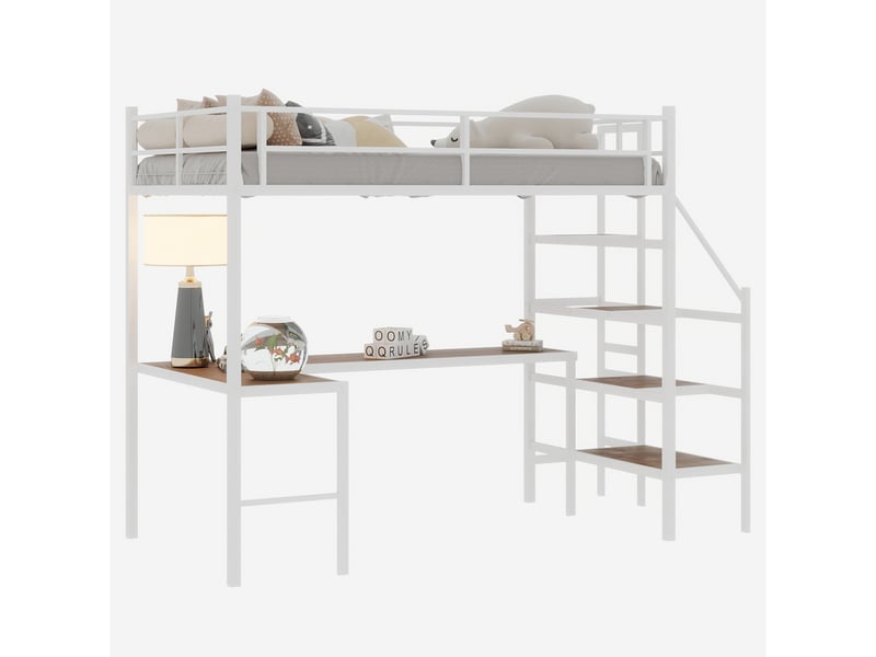  Lit mezzanine en l avec bureau intégré, grands espaces de rangement, garde-corps intégré, structure robuste  - Conforama A