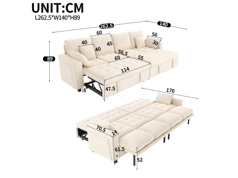 Canapé d’angle convertible 4 places 262,5x140x89 cm led beige - Conforama C