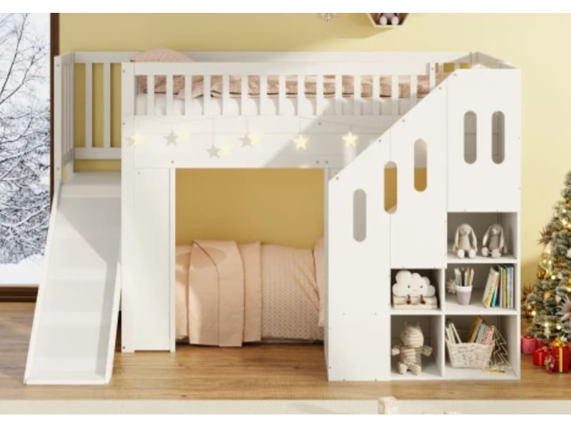  Lit superposé enfant 90×200cm, toboggan + anti-chute + escalier, led, bois massif, blanc  - Conforama B
