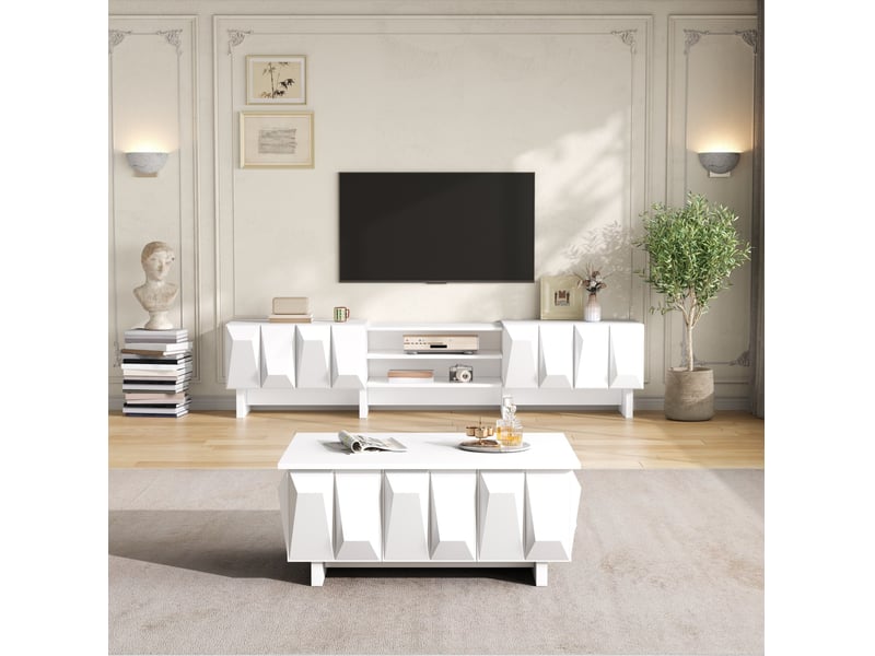  Meuble tv blanc avec table basse assortie, 4 portes et rangement fermé, relief losange pour votre salon  - Conforama E