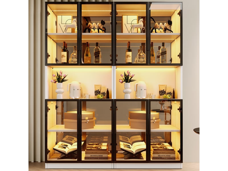  Vitrine 2 pièces 140x30x170 cm, meuble vitrine en verre avec éclairage led, fond miroir et portes en verre trempé gris, pour salon salle à manger  - Conforama B