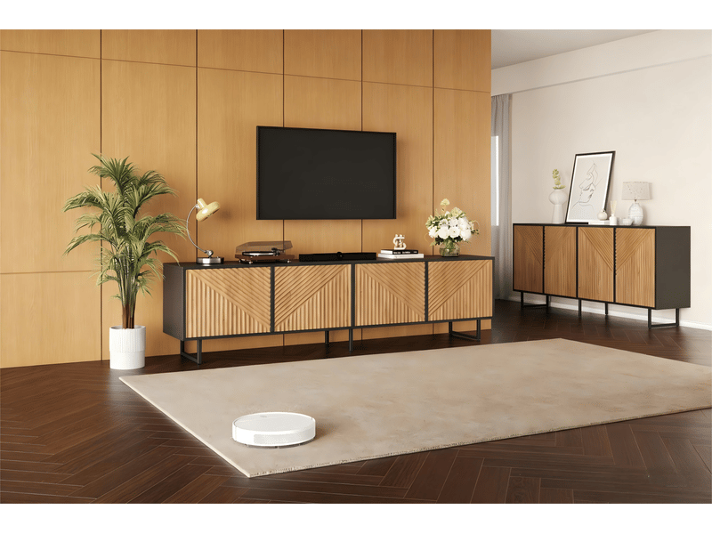  Ensemble rayofi meuble tv 180 x 40 x 50 cm et buffet 160 x 40 x 75 cm, bois naturel et noir, 4 portes, capacité 40 kg  - Conforama D