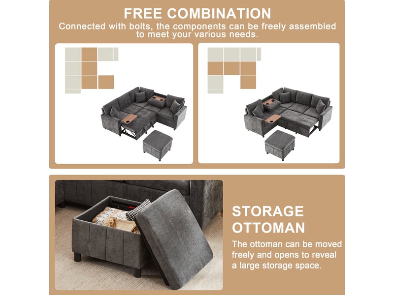 Canapé d'angle convertible en chenille, gris 4 places avec pouf coffre, lit avec ports usb et table rabattable pour salon et chambre - Conforama D