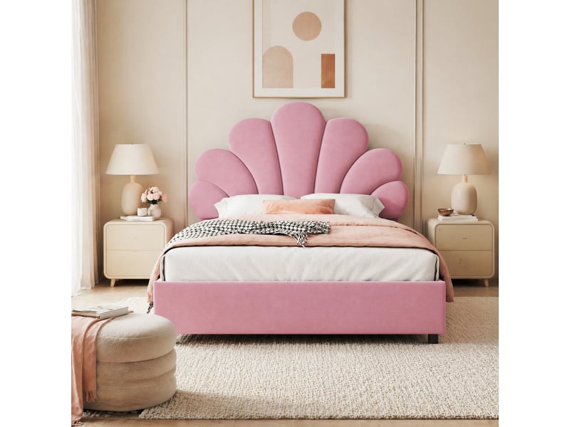  Lit coffre 1 place en velours rose avec tête de lit florale et rangement hydraulique, 200x90 cm, sans matelas  - Conforama B