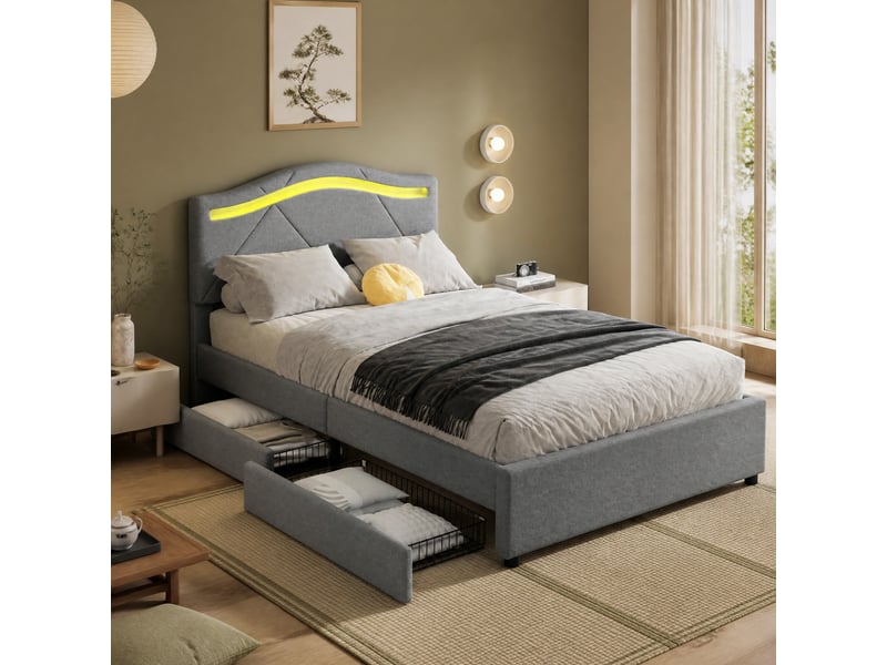 Lit avec rangement 90x200 cm gris en lin avec led, 2 tiroirs et tête de lit réglable - Conforama B