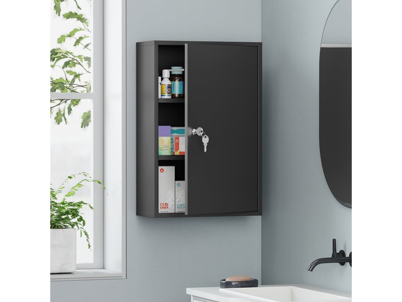  Armoire à pharmacie 2 étagères 3 niveaux verrouillable, dim. 40l x 18l x 60h cm, 2 clés, métal, noir  - Conforama C