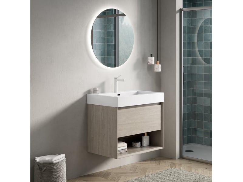  Meuble rangement salle bain vasque suspendu 70 cm tiroir niche chene clair blanc homvra  - Conforama D