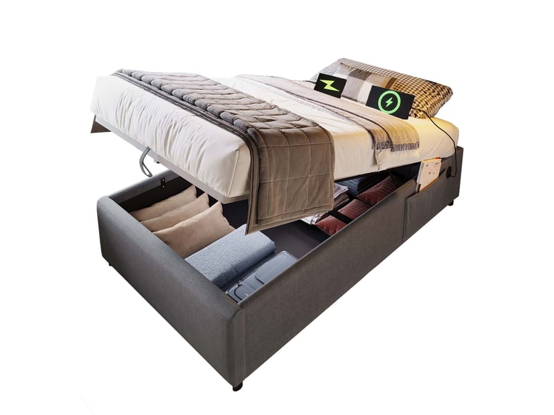 Lit coffre 90x190 cm - lit simple avec coffre de rangement et port usb-c, structure bois et coton, gris, sans tête de lit - Conforama A