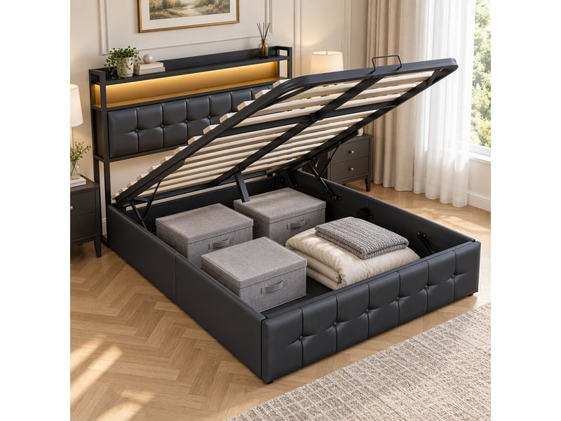  Lit coffre 2 places 140x200 cm avec rangement, lit adulte, port usb, led, tête de lit, design simple, pu noir  - Conforama D