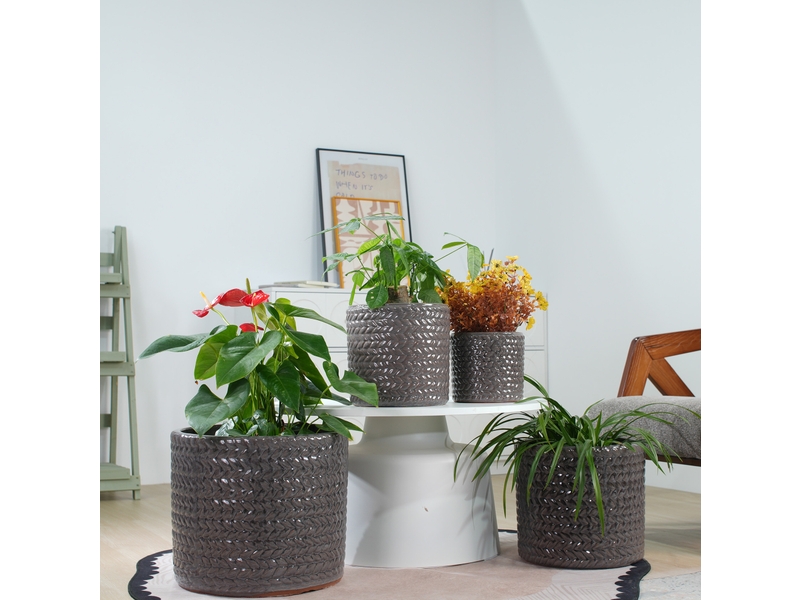  Pot de plantation en céramique ø31 cm – gris brillant – relief chevrons, drainage et résistant au gel  - Conforama B