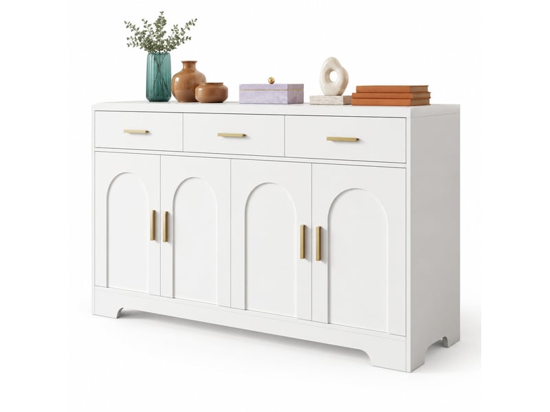 Buffet 4 portes avec 3 tiroirs et étagères réglables - lpospi - poignées dorées mdf blanc 140 × 40 × 83 cm - Conforama A