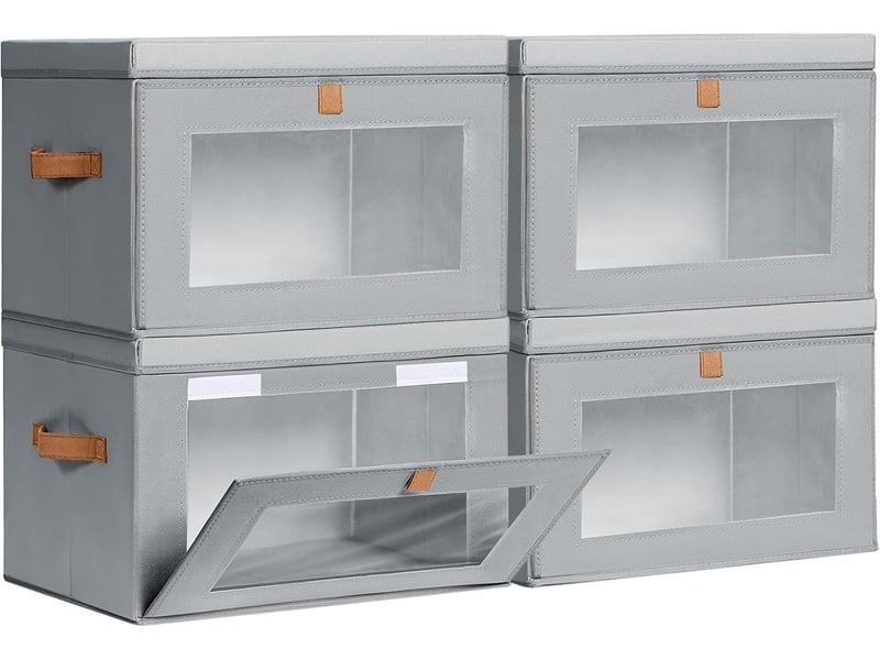 Boîtes de rangement pliables 4 pièces, organiseurs de placard en tissu avec poignées et fenêtre, gris - Conforama A