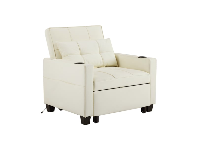  Fauteuil convertible 1 place - 3-en-1 avec usb et porte-gobelet - bois et métal - blanc  - Conforama A