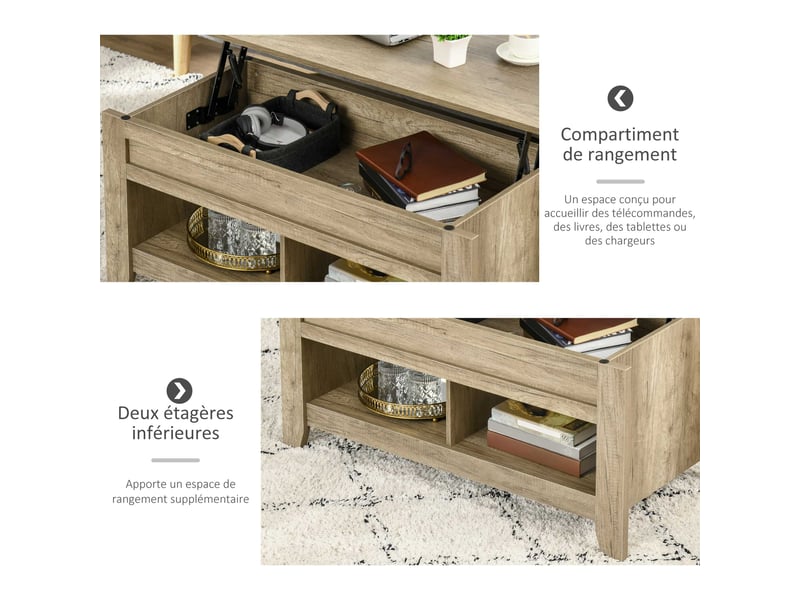  Table basse à plateau relevable 2 niches coloris chêne clair 105 x 50 x 49-62,5 cm  - Conforama E