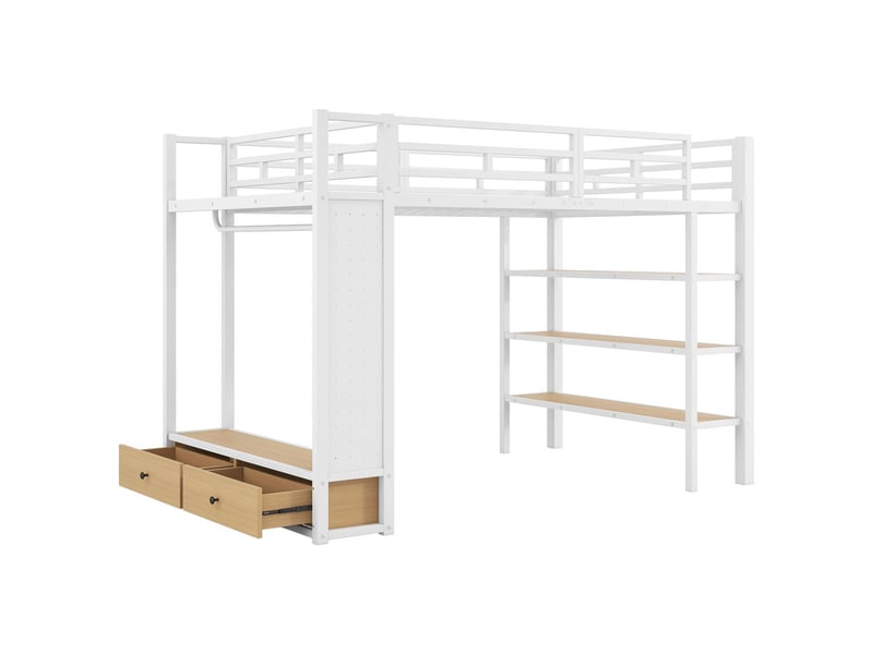  Lit mezzanine 140x200, structure métal, armoire ouverte, étagères, panneau perforé, éclairage led  - Conforama E