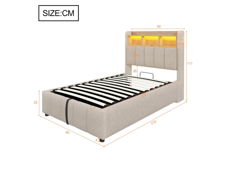  Lit coffre simple 90×200 cm avec led réglable, usb, type-c et rangements - okmyhome- beige, matelas inclus  - Conforama D