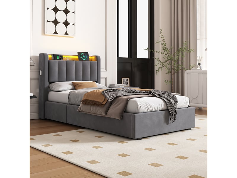  Lit coffre 90x190 cm velours gris foncé, tête de lit à ailes avec rangement, poches latérales, led, usb, ouverture hydraulique  - Conforama B