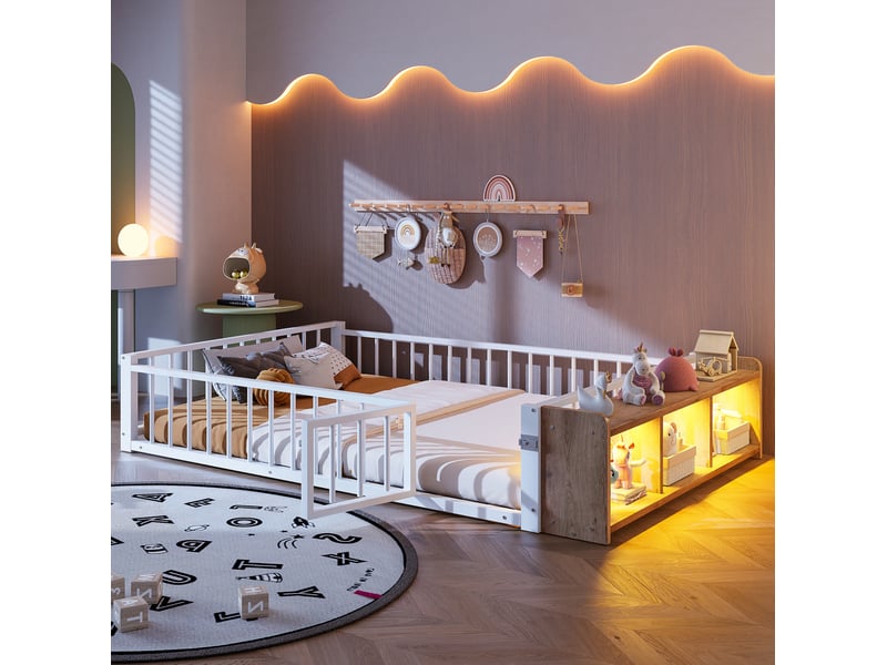  Lit 2 places enfant 140x200 cm en métal et mdf blanc avec rangement, led et barrière  - Conforama B