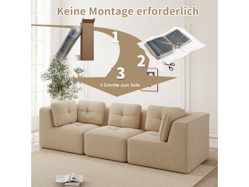  Canapé d'angle modulable 3 places en velours côtelé beige, sans montage, assise profonde, design sans cadre  - Conforama W